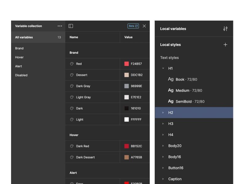 Design tokens and variables showing brand colors and text styles configured for a scalable design system used in digital product design.