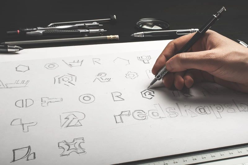 Designer sketching logo concepts and brand symbols during visual identity exploration for a digital product brand system.