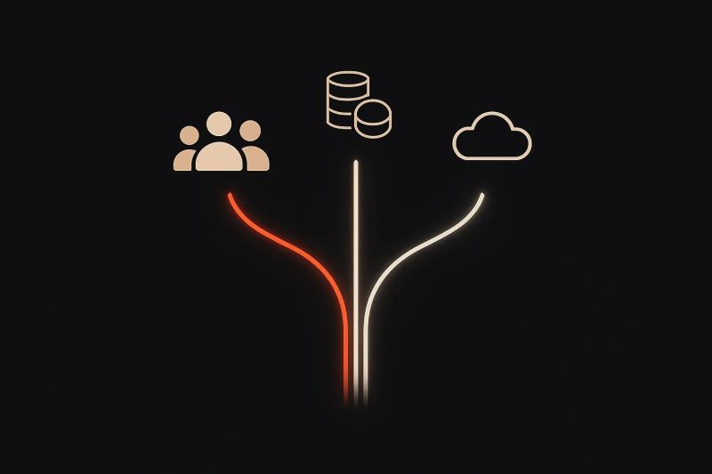 Visual illustration of remote-first product teams balancing people, data, and cloud infrastructure to stay outcome-focused.