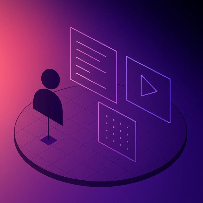 Illustration of a user interacting with product documentation formats including written guides, videos, and interactive content