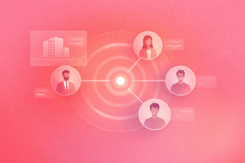 Illustration showing ideal customer profile and buyer personas connected to a central targeting point in a B2B go-to-market strategy.