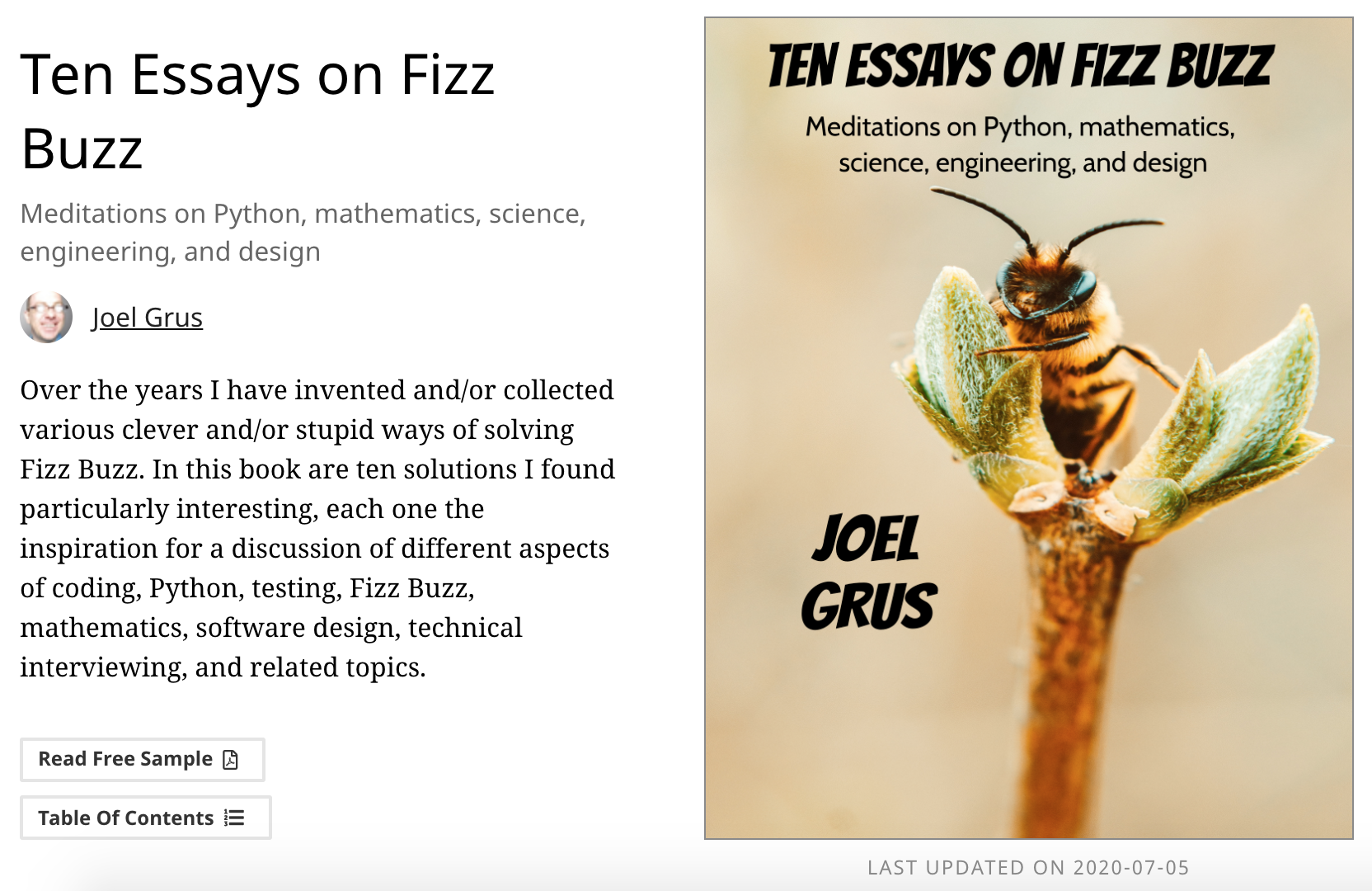 Over the years I have invented and/or collected various clever and/or stupid ways of solving Fizz Buzz. In this book are ten solutions I found particularly interesting, each one the inspiration for a discussion of different aspects of coding, Python, testing, Fizz Buzz, mathematics, software design, technical interviewing, and related topics.