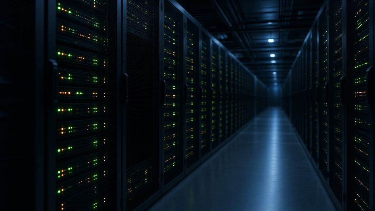 Dark server room aisle with racks of blinking status lights