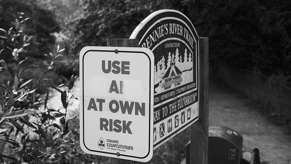 A sign along a walking train that originally reads "Use trail at own risk," but the white stickers over "tr" and "l" make it read "Use AI at own risk."