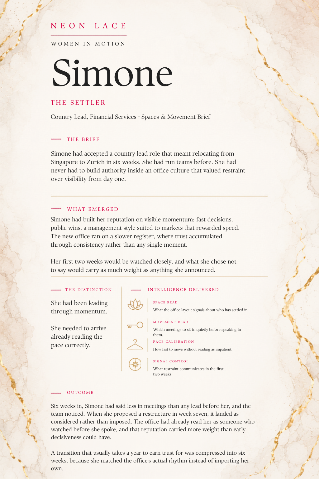 Simone, The Settler — Spaces & Movement Brief