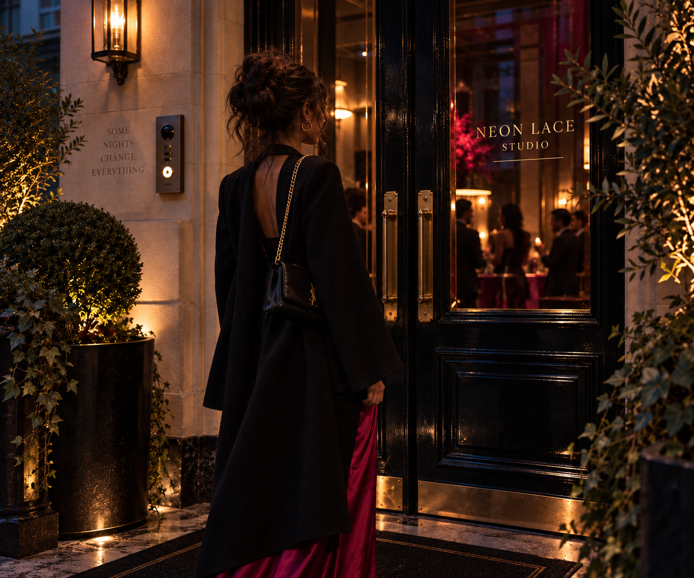 Woman standing outside an elegant door at night