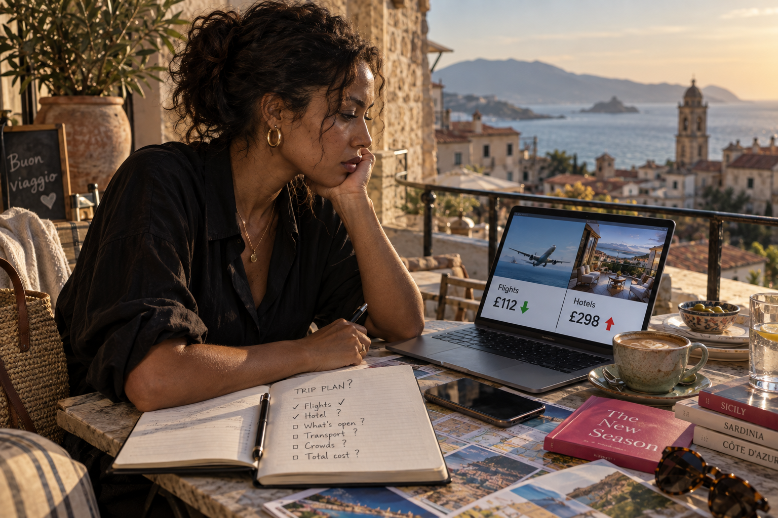 Woman checking flight and hotel prices side by side on a laptop while planning shoulder-season travel