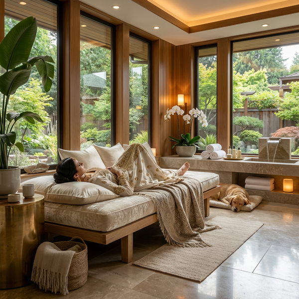A woman rests on a wooden daybed in a sunlit room with a sleeping dog nearby.
