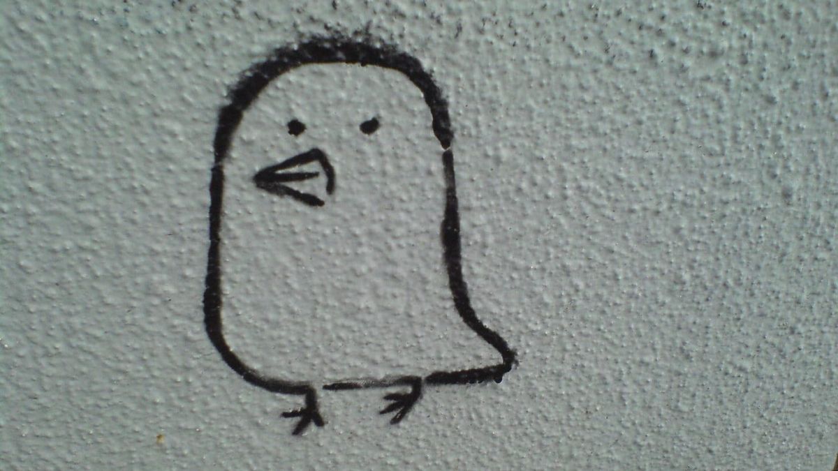 A simple black marker doodle of a chubby bird with a round body, tiny dot eyes, a pointed beak, and small stick-figure legs on a textured gray wall.