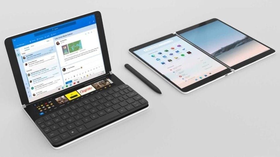 Microsoft Surface Neo is shown in two positions: a tiny dual-screen laptop with a magnetic keyboard and taskbar strip, and opened flat as a dual-tablet layout with a stylus beside it.