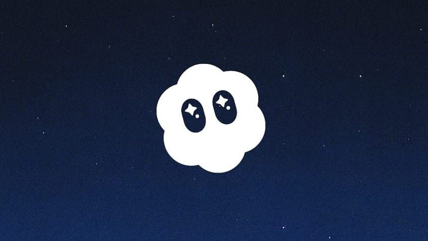 Sora’s cloud mascot with sparkling eyes centered in a deep blue, starry night sky.