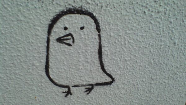 A simple black marker doodle of a chubby bird with a round body, tiny dot eyes, a pointed beak, and small stick-figure legs on a textured gray wall.