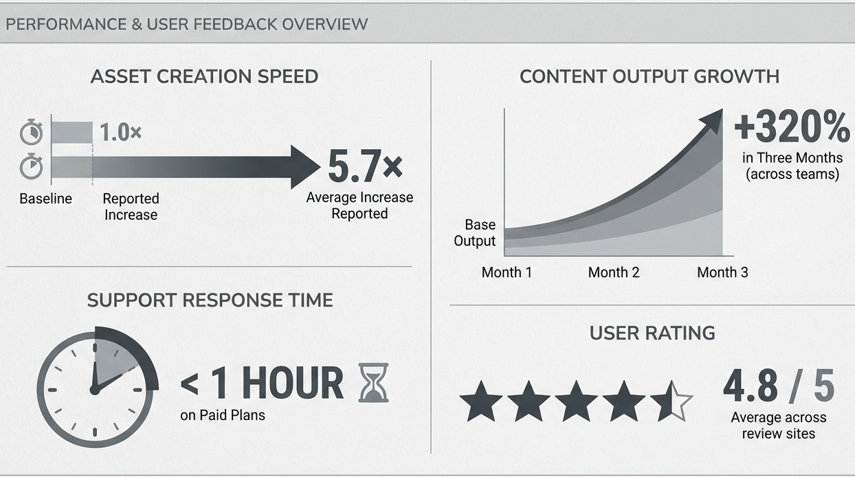 Performance dashboard showing Galaxy.ai asset speed 5.7× faster, +320% output, <1 hour support, 4.8/5 rating.