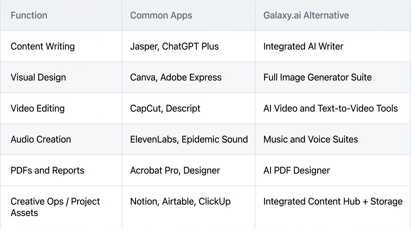 Chart showing how Galaxy.ai fits into a modern MarTech stack, comparing six marketing functions alongside their Galaxy.ai alternatives.