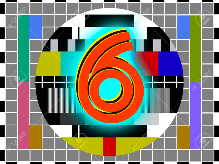 A graphic of a color television test pattern, with a large red numeral 6 in the center, surrounded by a neon blue glow