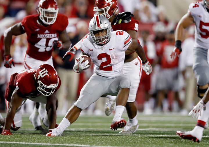 BLOOMINGTON, IN - AUGUST 31: J.K. Dobbins #2 of the Ohio State Buckeyes runs with the ball against the Indiana Hoosiers at Memorial Stadium on August 31, 2017 in Bloomington, Indiana. (Photo 
