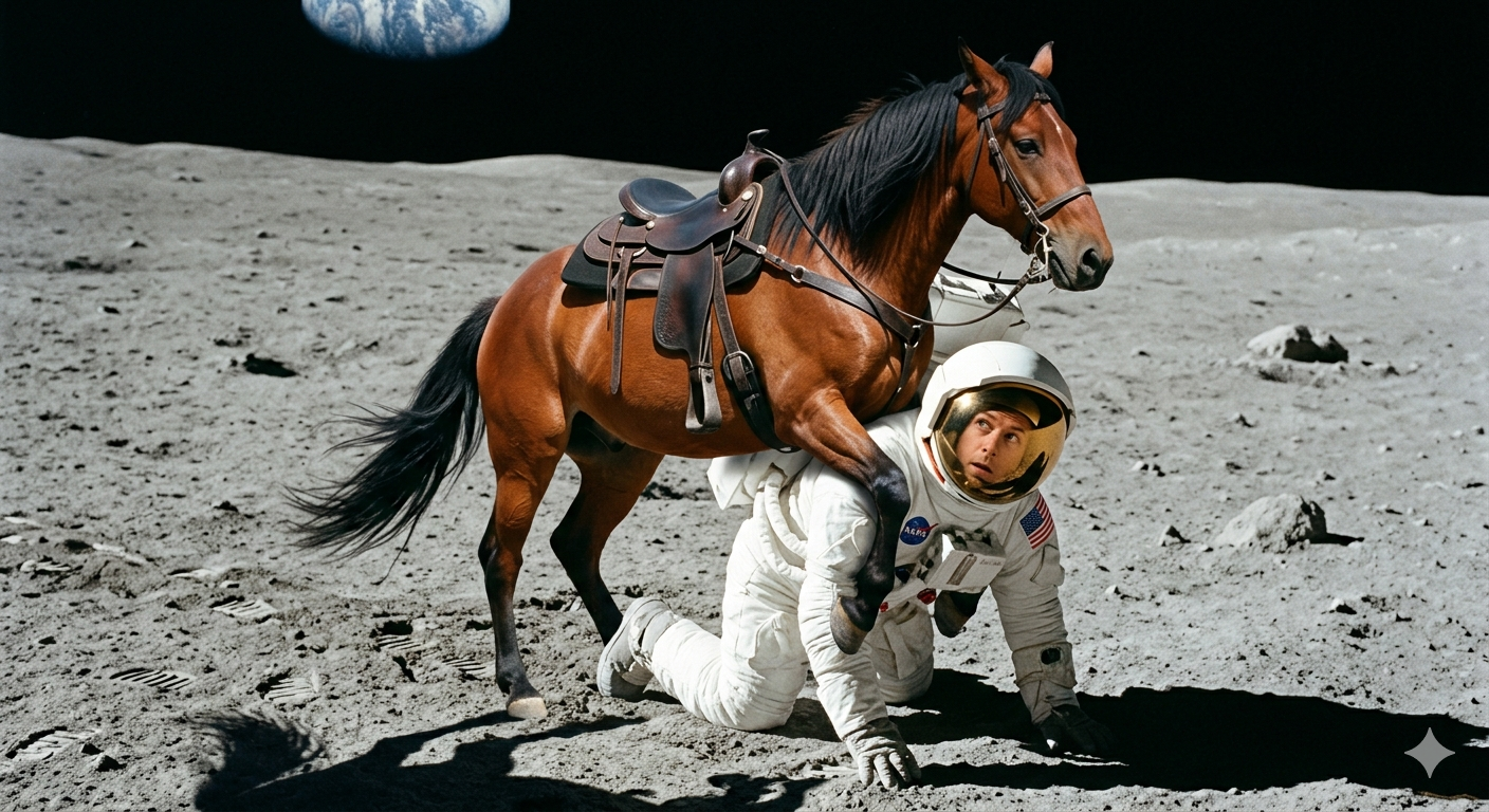 photo-realistic AI-generated image of a horse mounting an astronaut on the moon. the astronaut is on all fours and looks very worried.