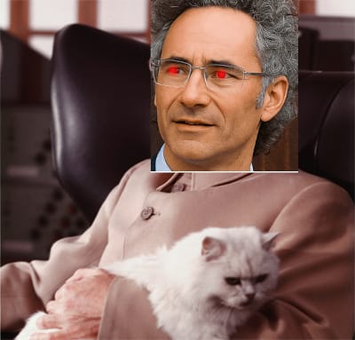 Palantir CEO Alex Karp's head pasted badly onto the body of a bond villain. cat in his lap. red eyes.