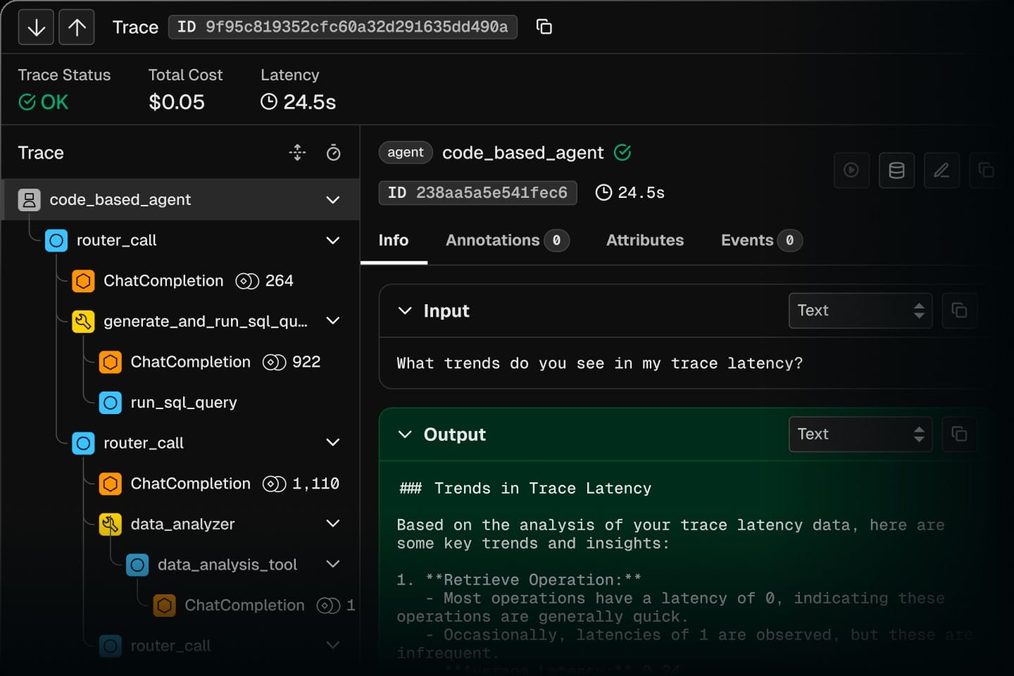 Arize Phoenix tracing interface showing a span timeline for an LLM application request