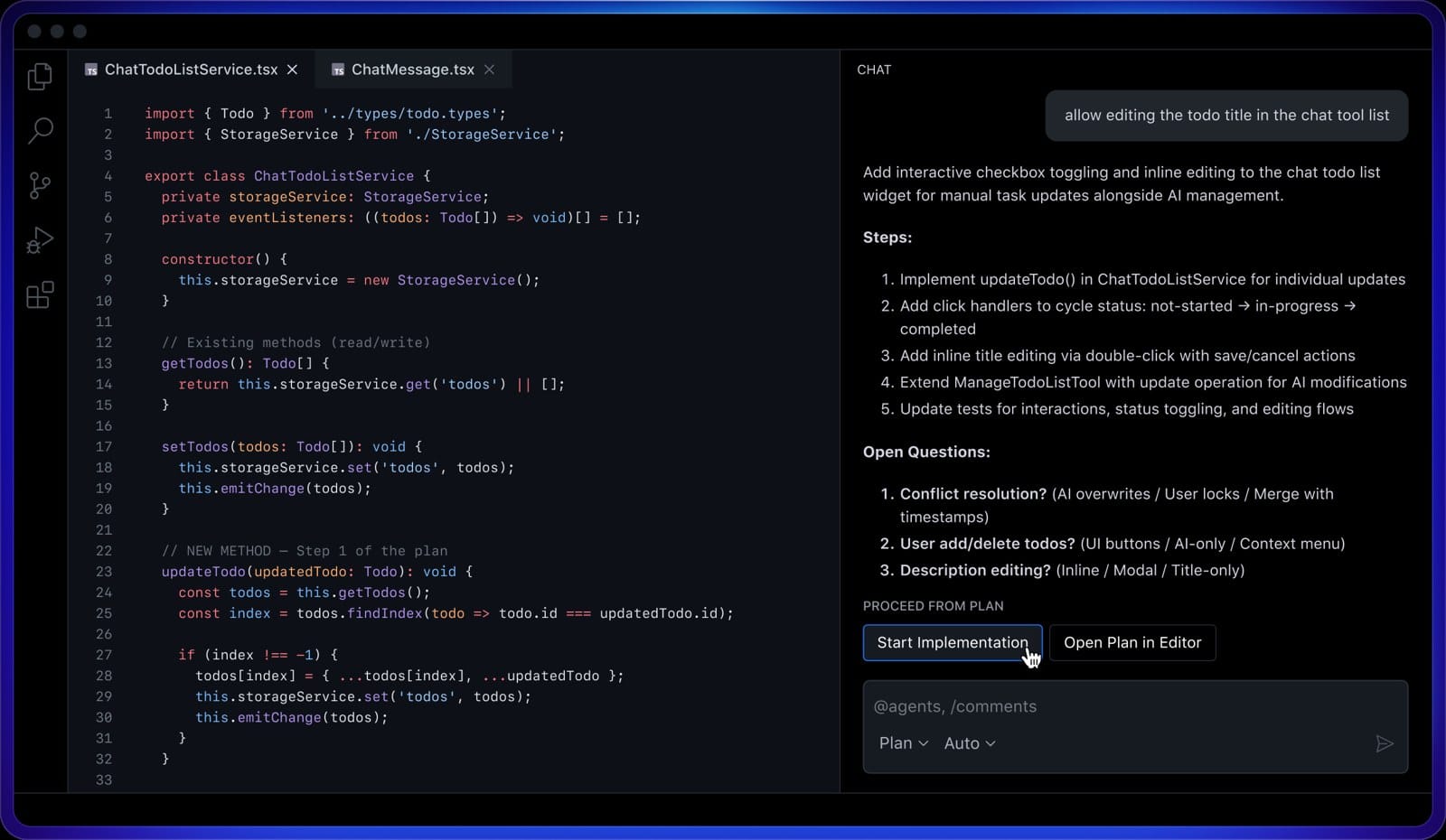 VS Code showing GitHub Copilot Plan Mode with a plan panel next to a code file