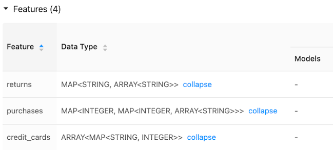 Databricks Feature Store UI showing feature table data types in Unity Catalog