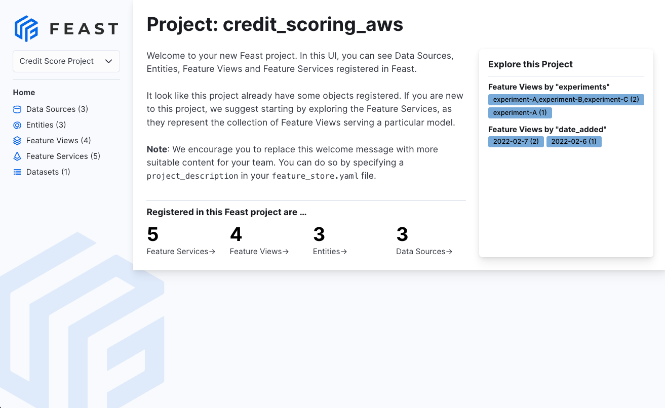 Feast open source feature store web UI showing a feature registry