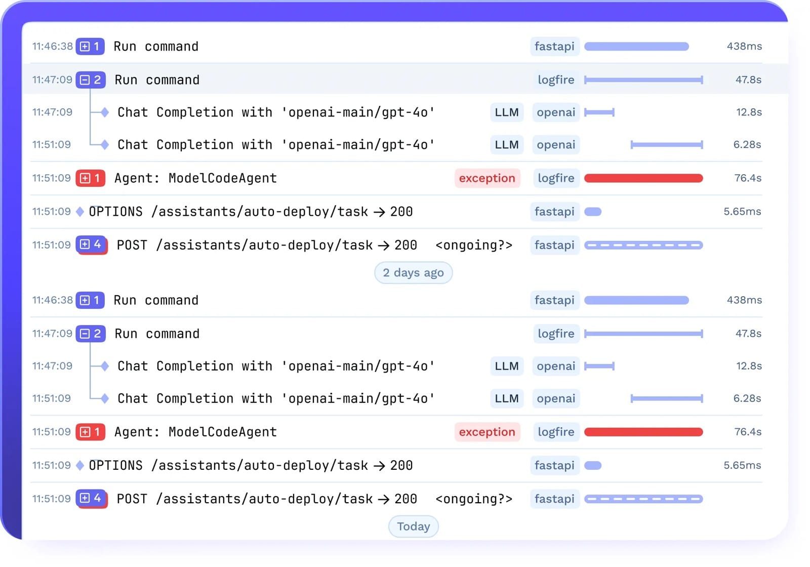 TrueFoundry Tracing interface showing run command and chat completion logs with timestamps