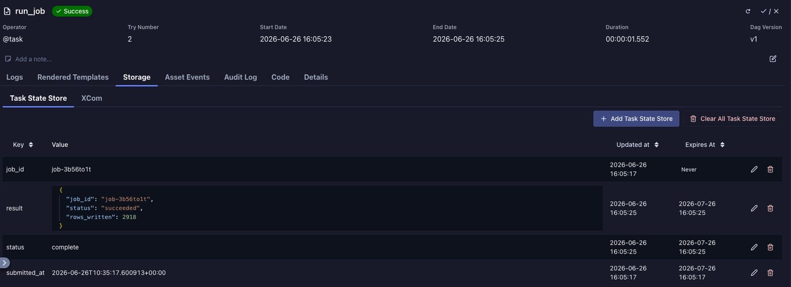 Apache Airflow 3.3 user interface showing the new task state store for a DAG run
