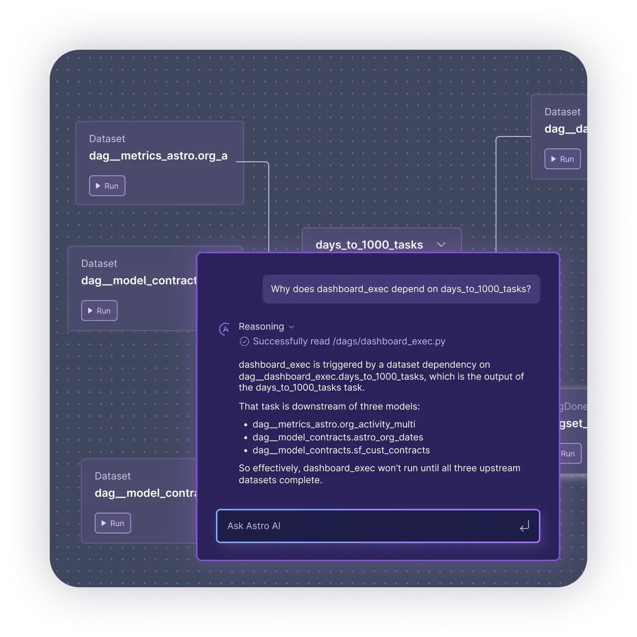 Astronomer Astro development environment showing pipeline authoring interface