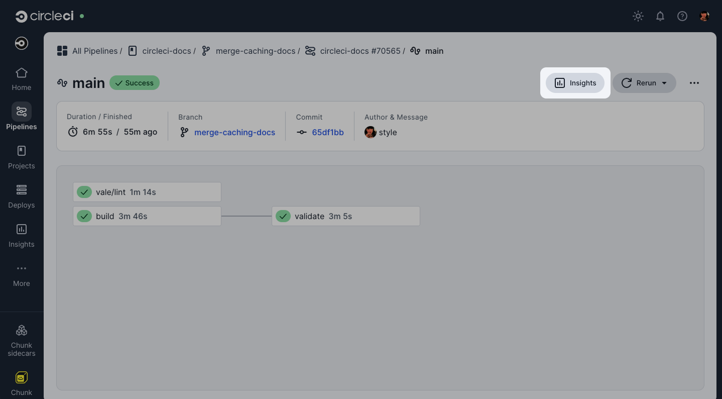 CircleCI Insights workflow view showing run duration, success rate and credit consumption for a pipeline