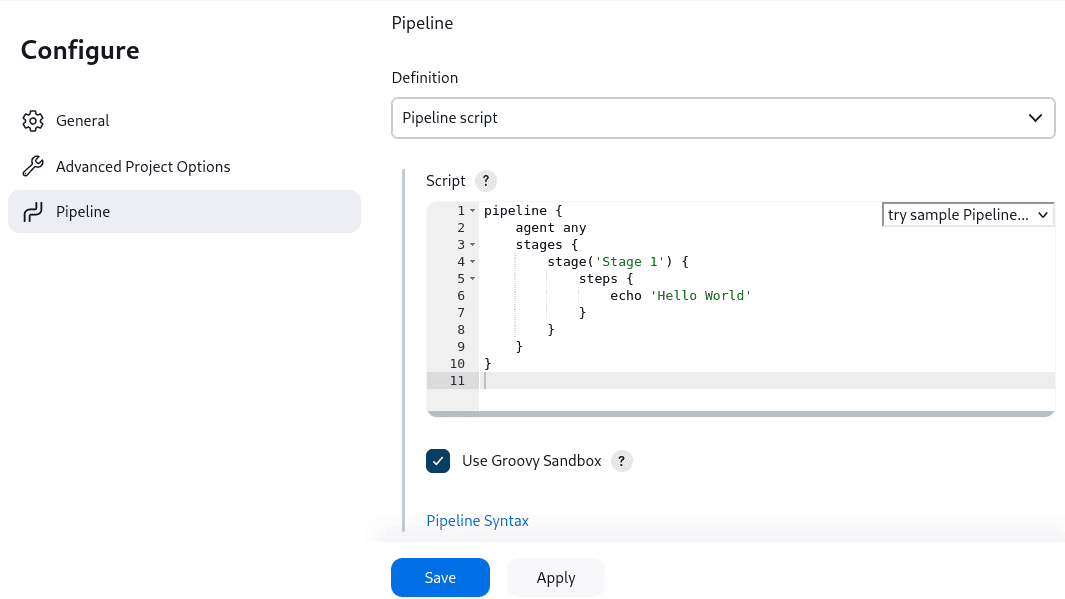Jenkins classic UI showing an example declarative pipeline with build, test and deploy stages