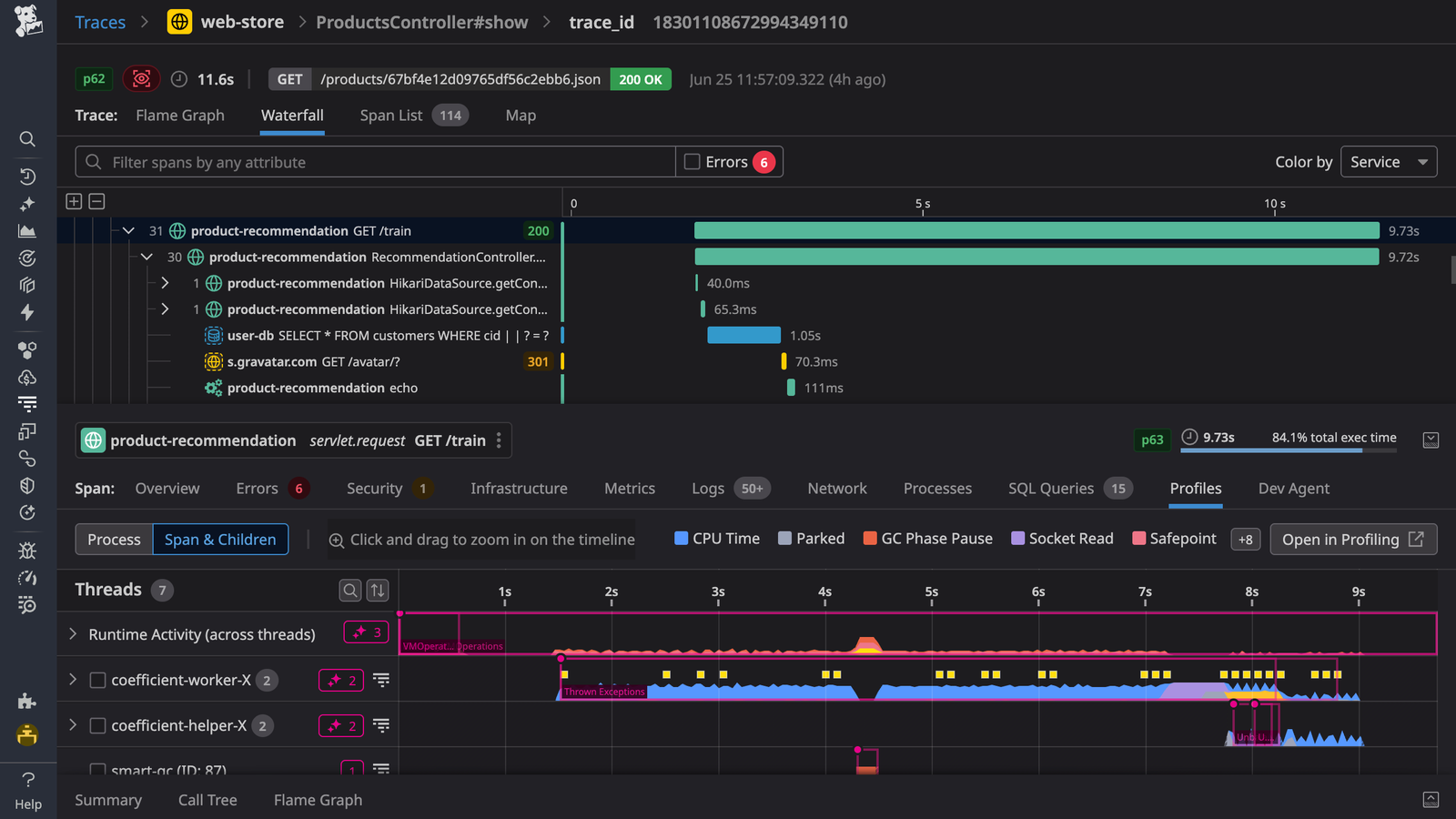 Datadog APM interface showing distributed traces and service-level performance metrics