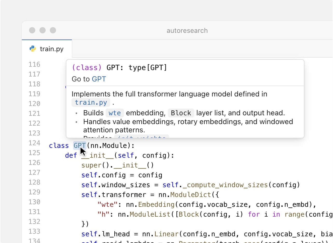 Devin Desktop editor showing a Python file with inline type information and a go-to-definition popover