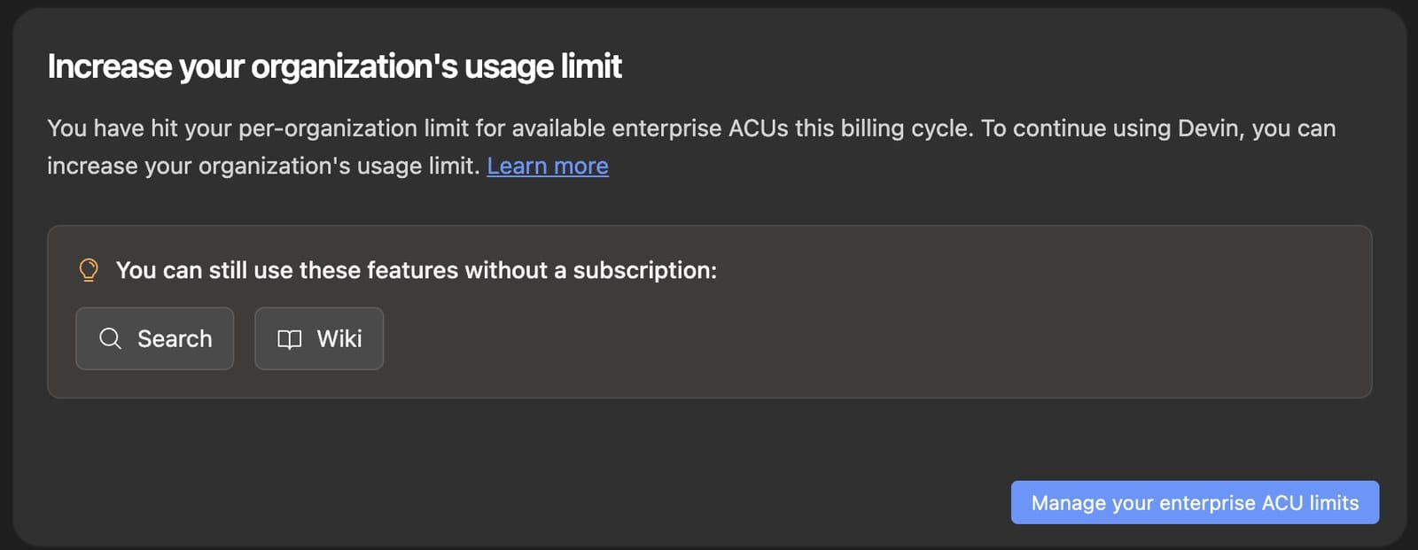 Devin admin console showing a per-organization Agent Compute Unit limit and the warning shown when the cap is reached