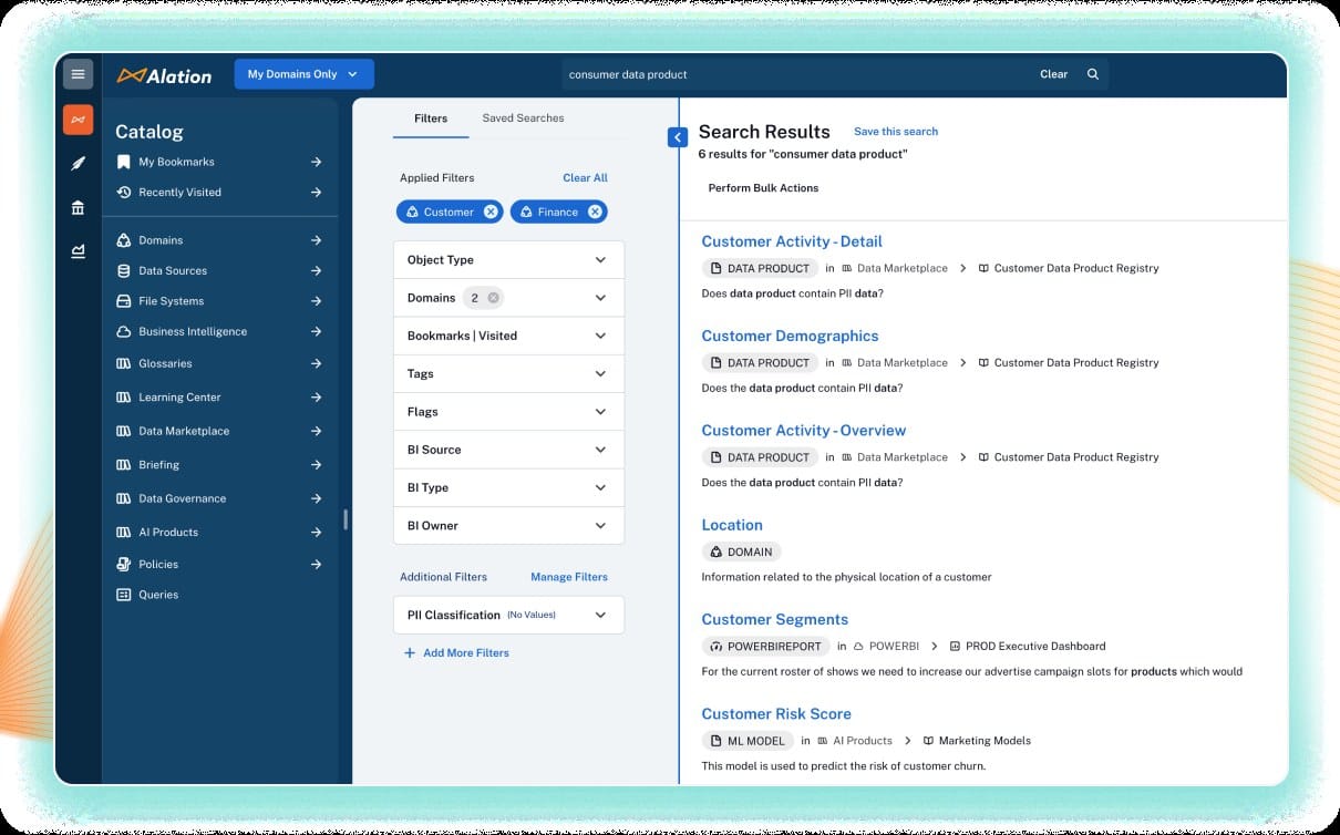 Alation data catalog interface showing search across data assets