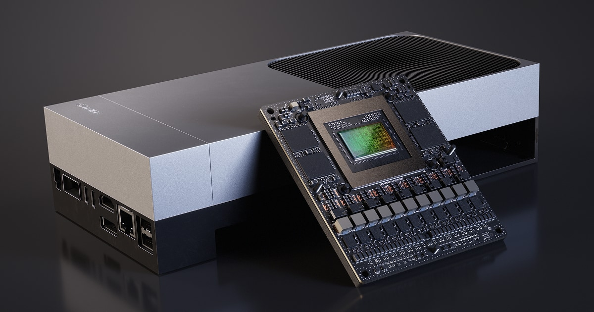 NVIDIA Jetson AGX Thor developer kit enclosure with the Thor compute module and Blackwell die shown alongside