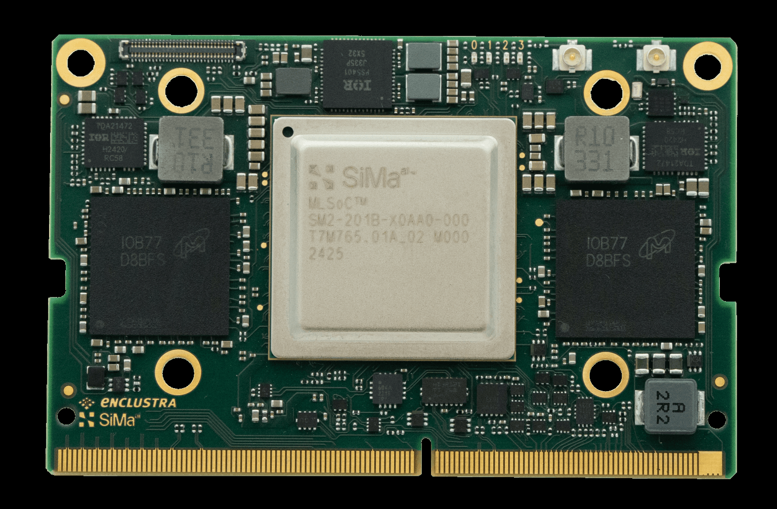 SiMa.ai Modalix MLSoC system-on-module board showing the MLSoC package flanked by two memory devices