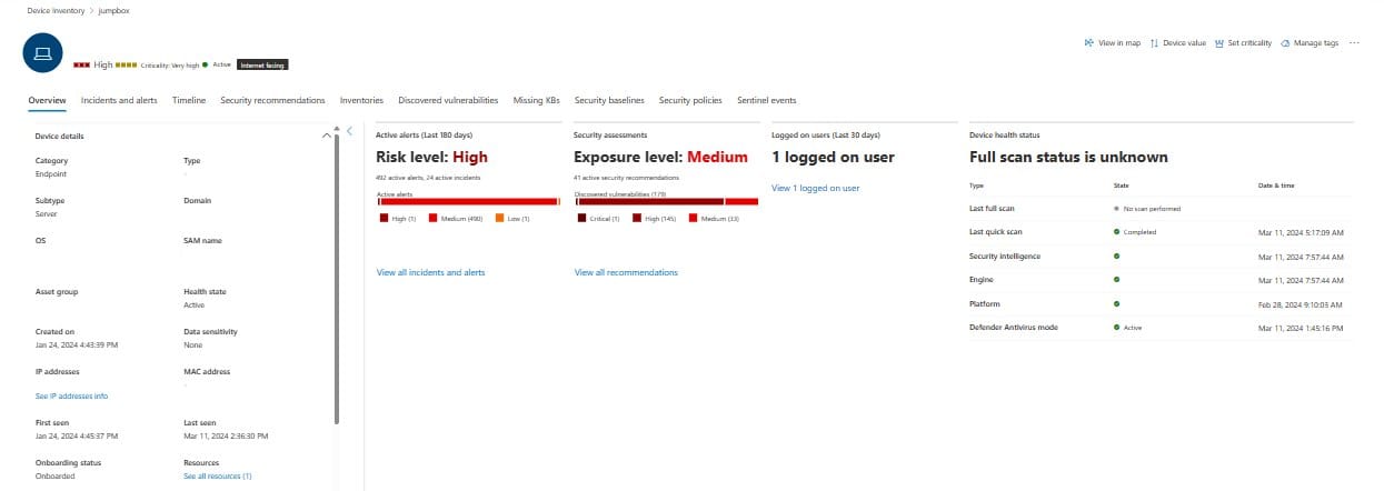 Microsoft Defender for Endpoint device page showing alerts and device risk detail