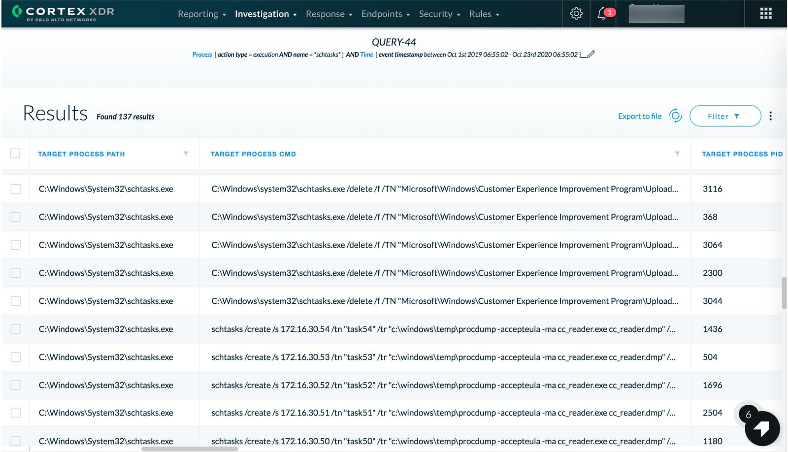 Palo Alto Cortex XDR console with an XQL threat-hunting query and results grid