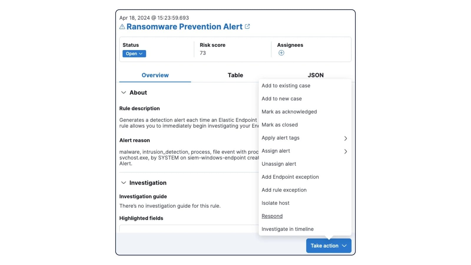 Elastic Security ransomware prevention alert in the Kibana console