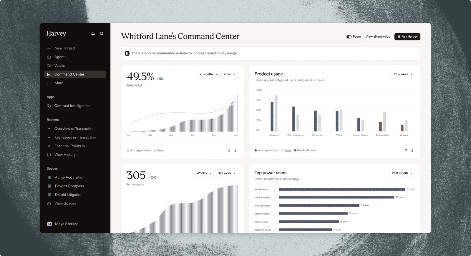 Harvey workspace interface showing a matter space with shared documents and agents