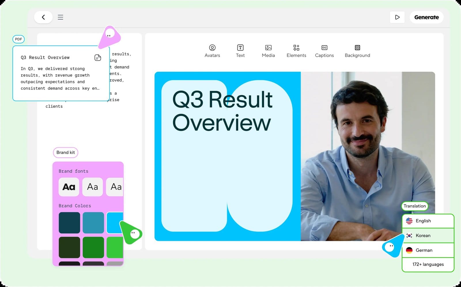 HeyGen AI Studio interface showing a script editor alongside an AI avatar presenter