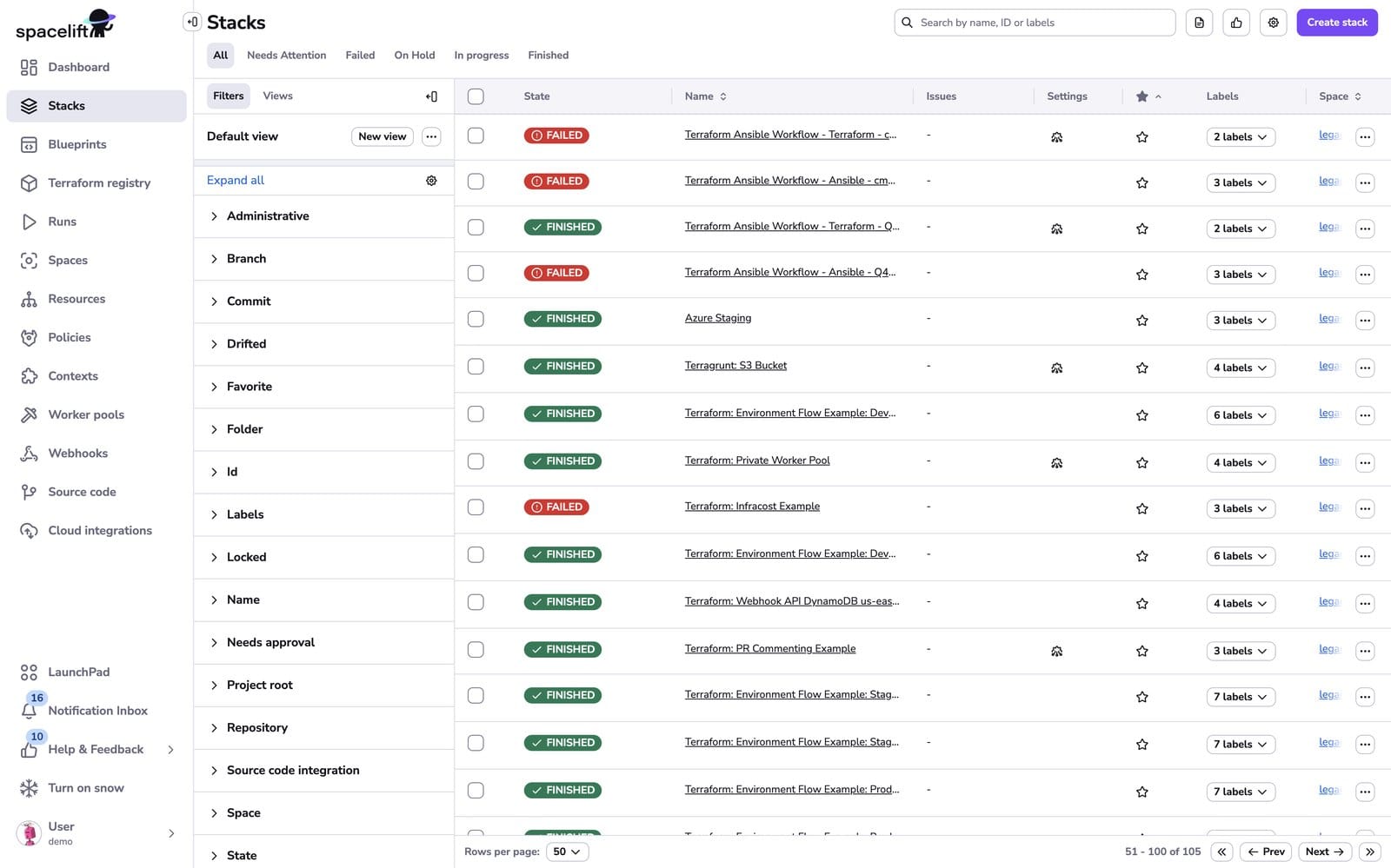 Spacelift console showing a list of infrastructure as code stacks