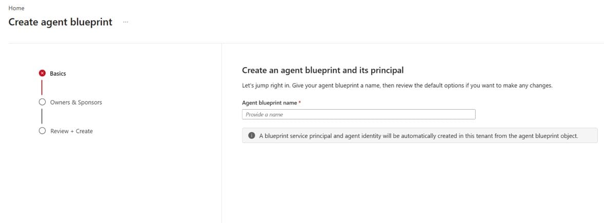Microsoft Entra Agent ID blueprint creation wizard for registering AI agent identities