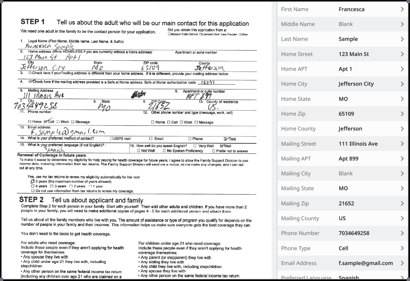 Hyperscience interface extracting handwritten name and address fields from a scanned application form into a structured field list