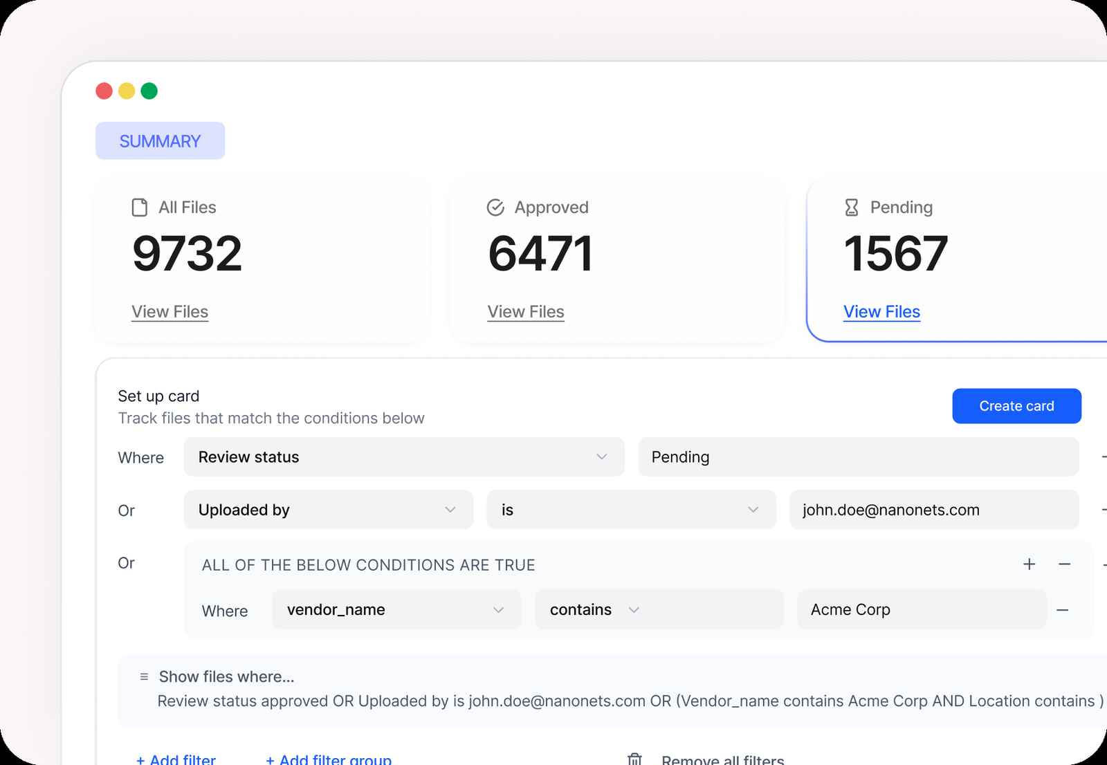 Nanonets dashboard showing file counts for approved and pending documents above a conditional filter builder for review status and vendor name
