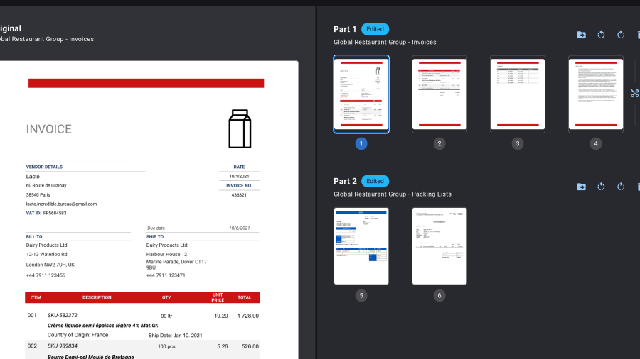 Rossum interface splitting a combined upload into separate invoice and packing list document sets with page thumbnails