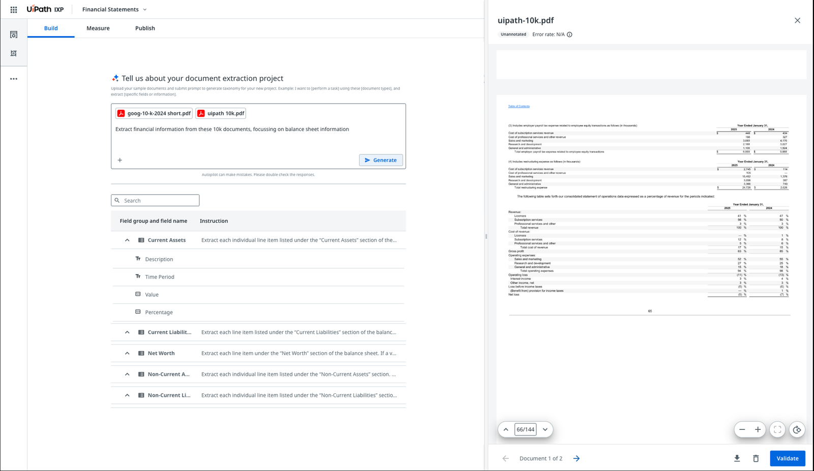 UiPath IXP Build screen showing a prompt-generated field taxonomy for financial statement extraction beside a 10-K PDF preview
