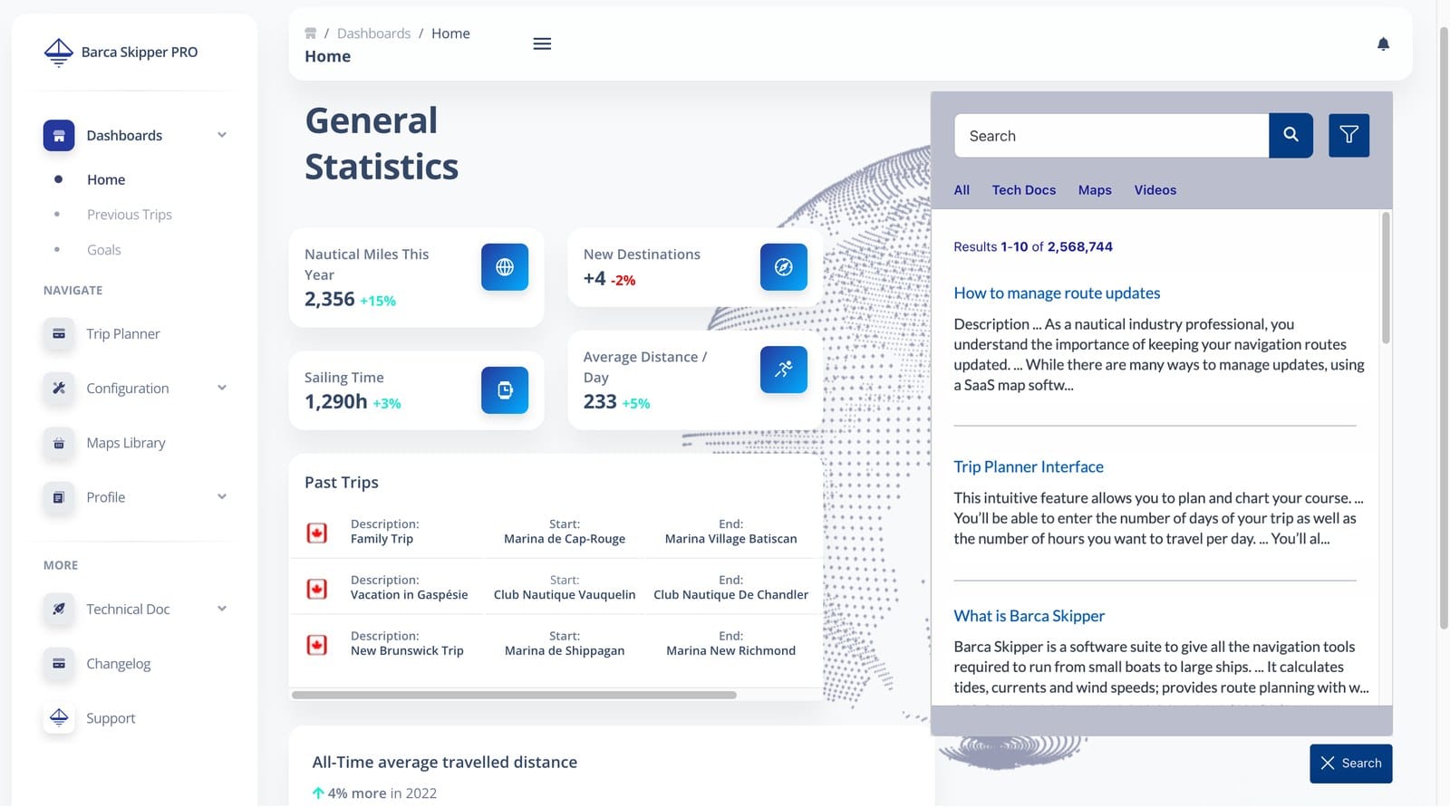 Coveo In-Product Experience search panel overlaid on a customer dashboard, showing ranked results across tech docs, maps and videos