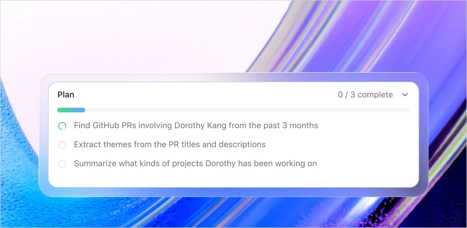 Glean product interface showing an agent plan breaking a request into three research steps